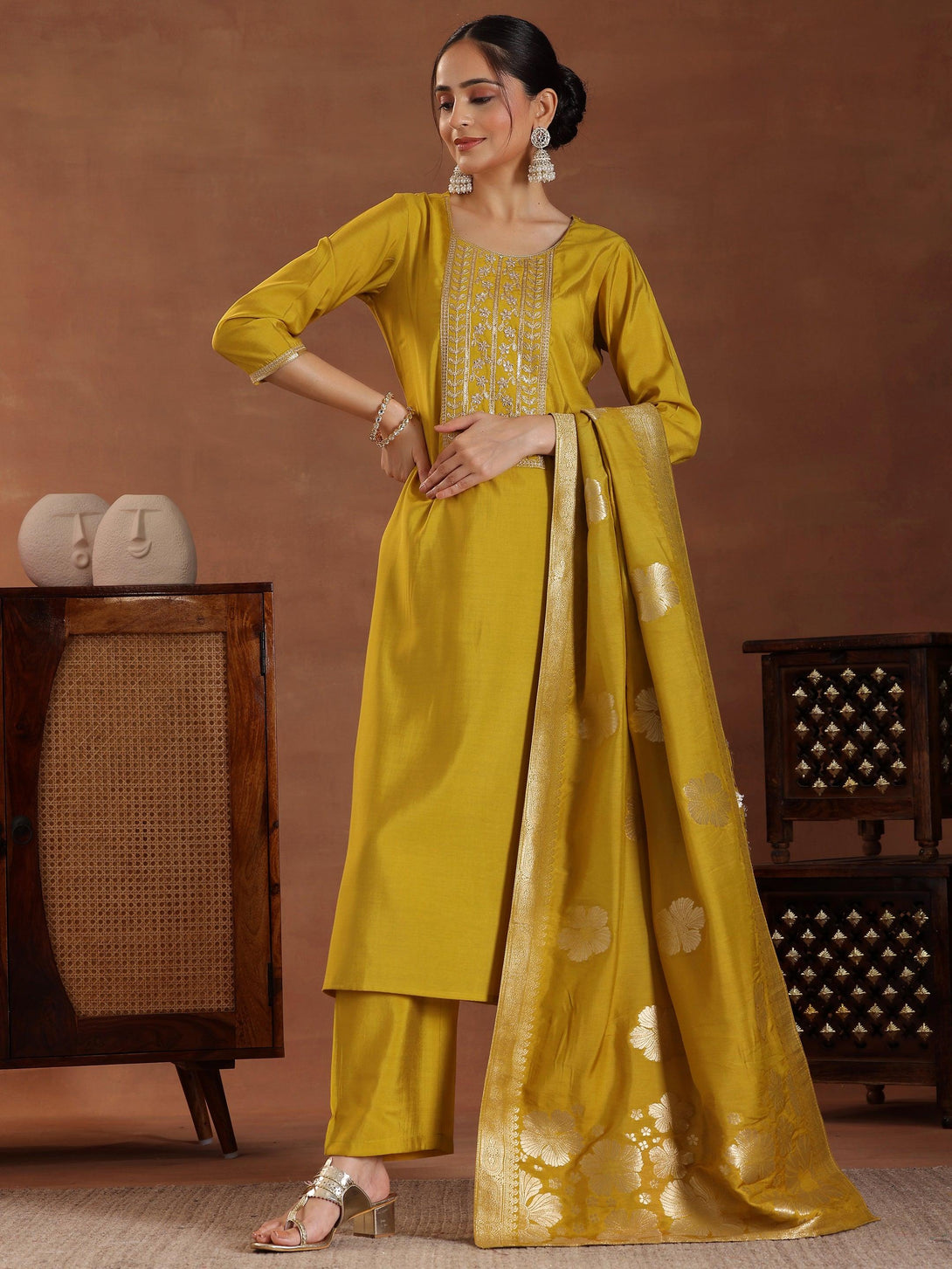 Mustard Yoke Design Silk Blend Straight Suit With Dupatta - Jashvi