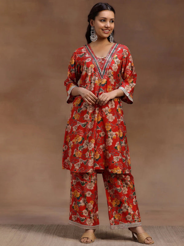 Red Printed Silk Blend Co-Ords