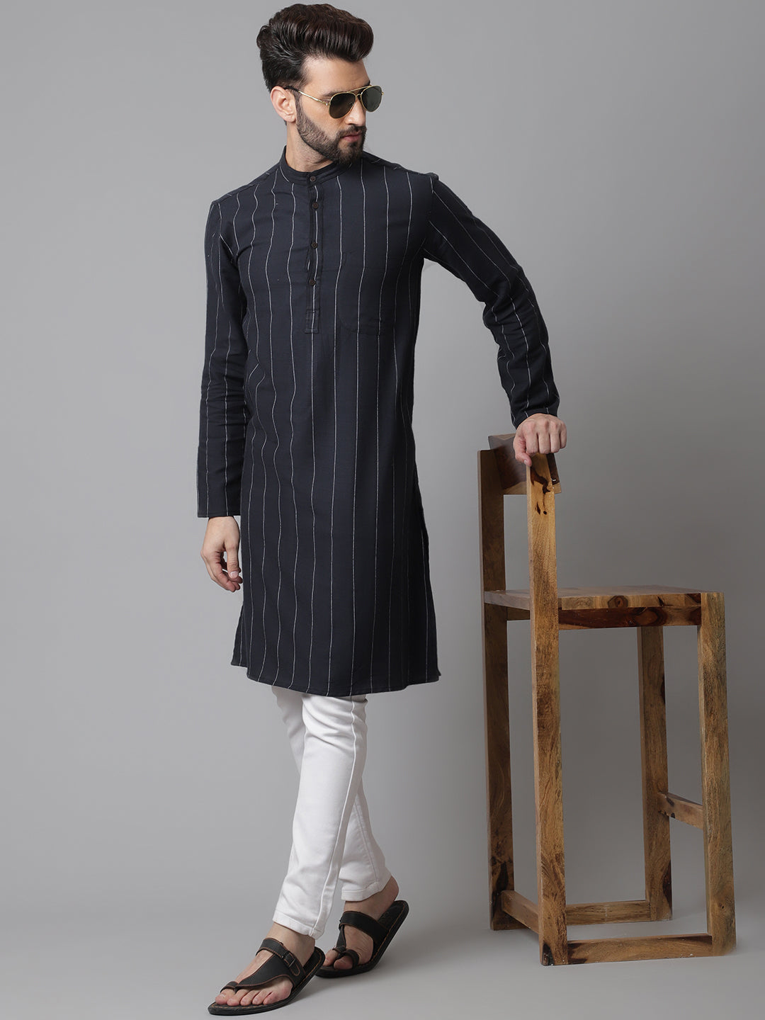 Men's Black Pure Cotton Kurta With Band Collar - Even Apparels