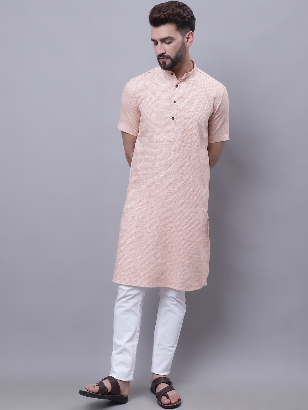 Men's Pure Cotton Short Sleeves Kurta With Band Collar - Even Apparels