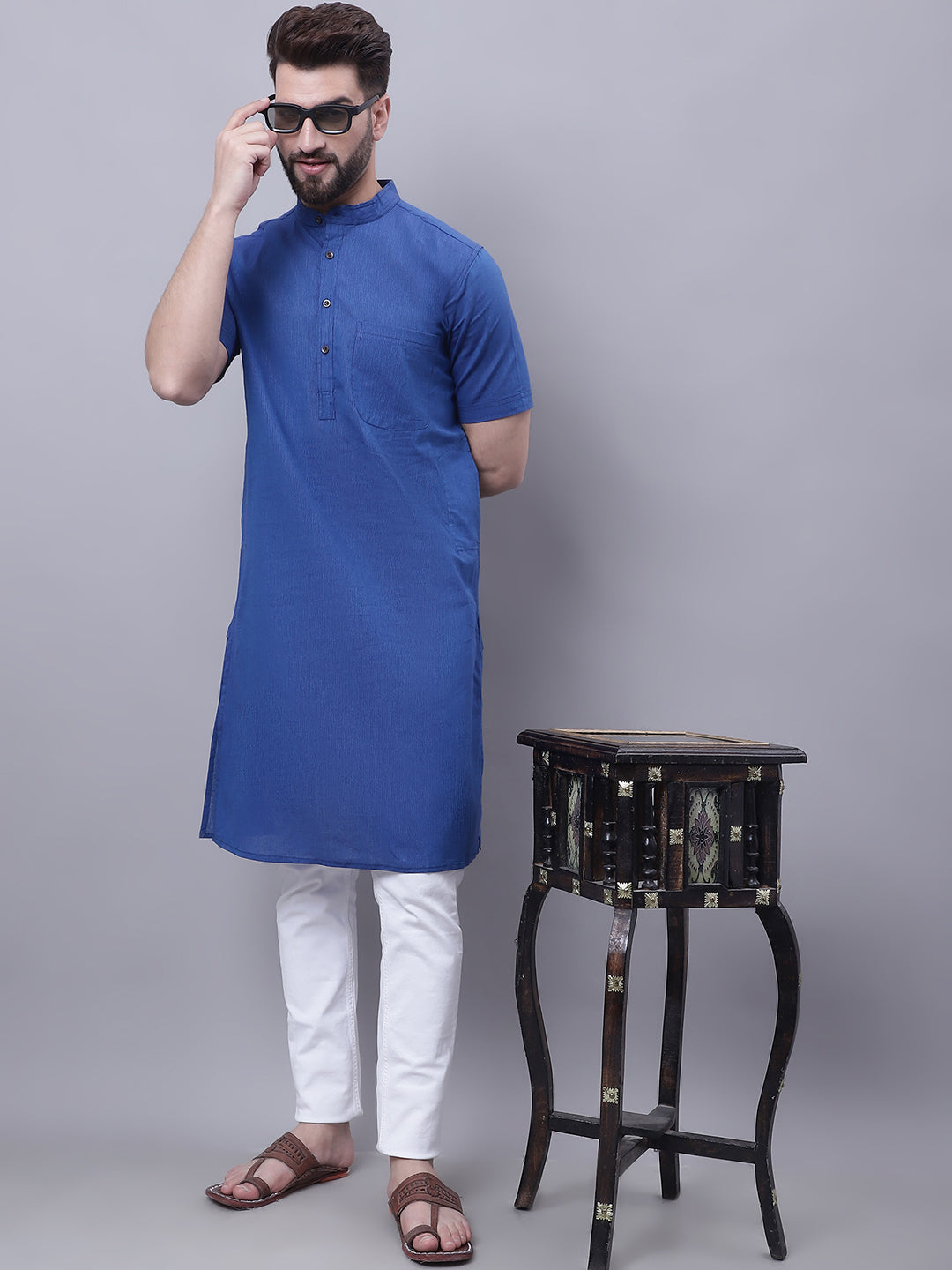 Men's Pure Cotton Short Sleeves Kurta With Band Collar - Even Apparels