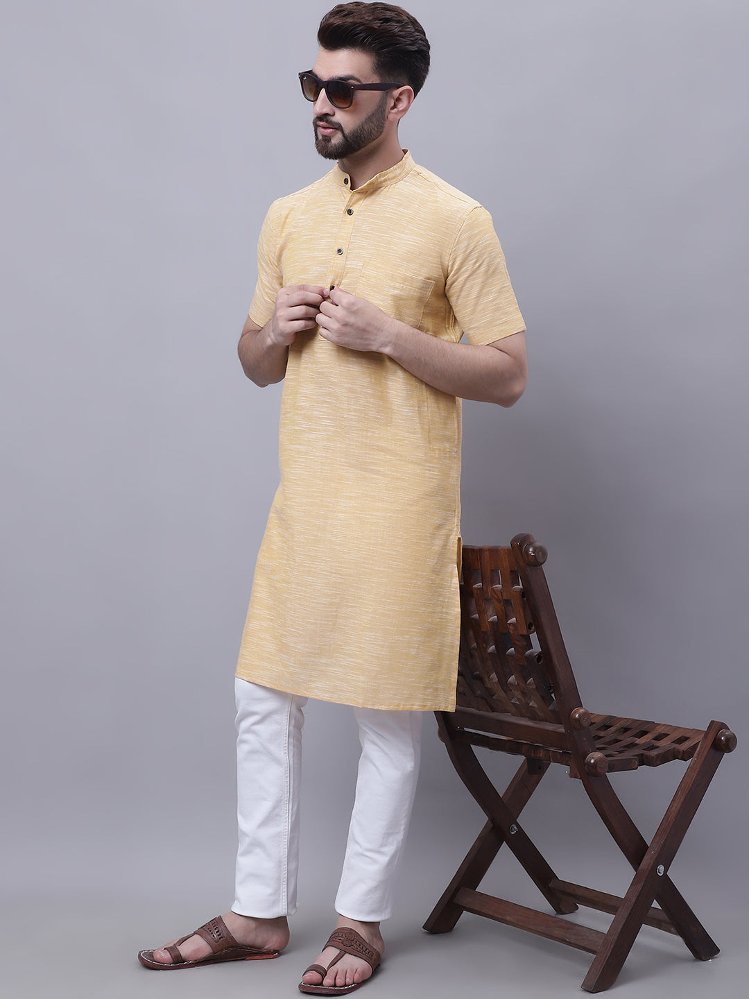 Men's Pure Cotton Short Sleeves Kurta With Band Collar - Even Apparels