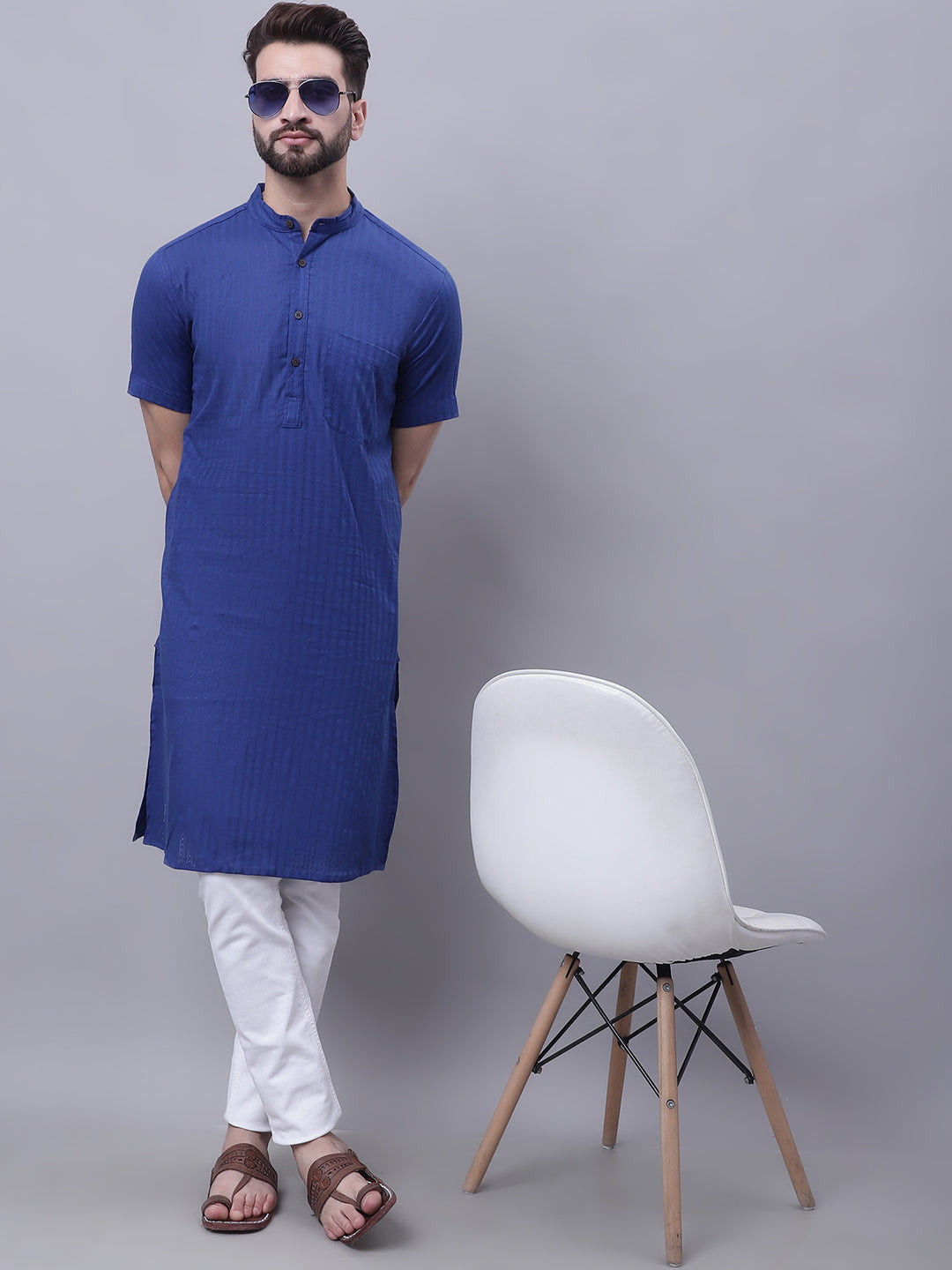 Men's Pure Cotton Short Sleeves Kurta With Band Collar - Even Apparels