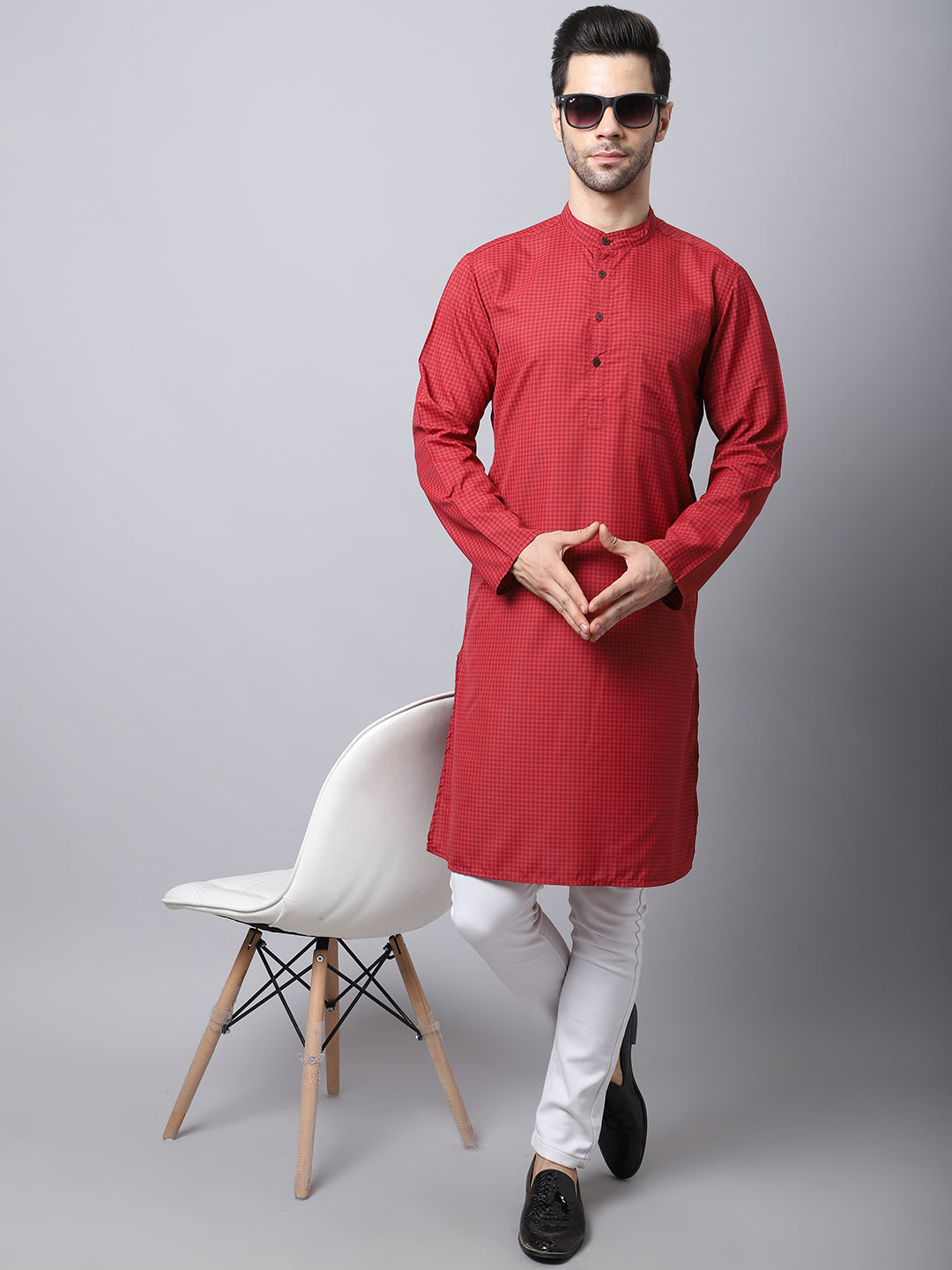 Men'S Checked Kurta With Band Collar - Even Apparels