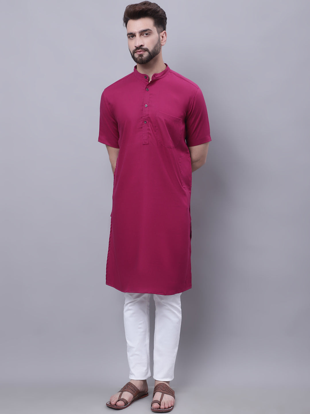 Men's Pure Cotton Short Sleeves Kurta With Band Collar - Even Apparels