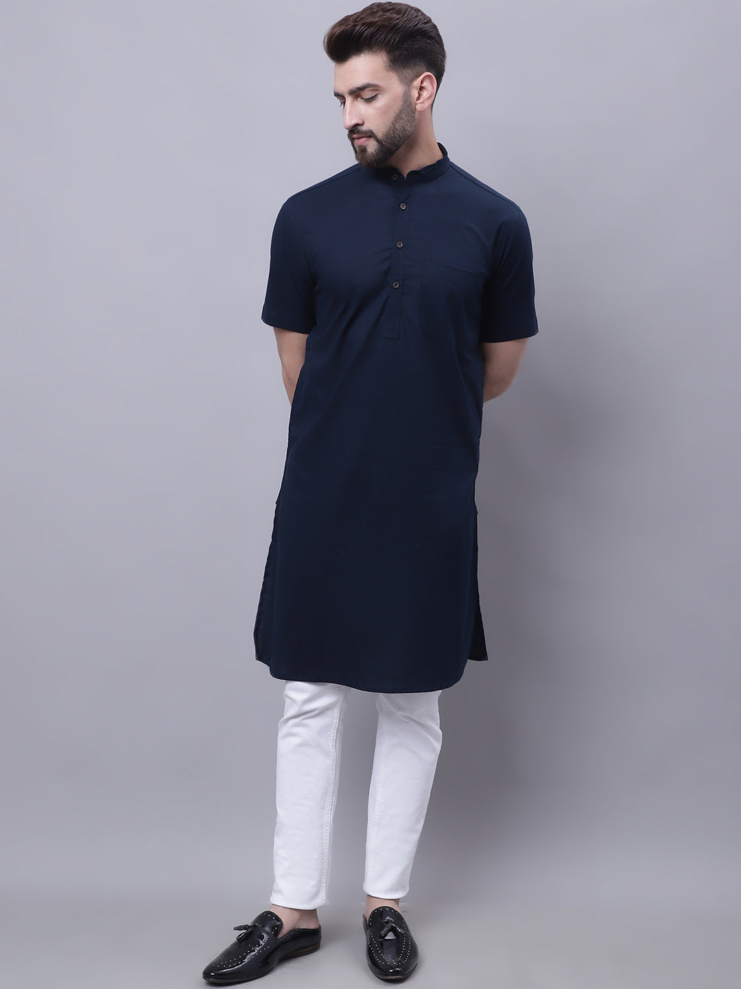 Men's Pure Cotton Short Sleeves Kurta With Band Collar - Even Apparels