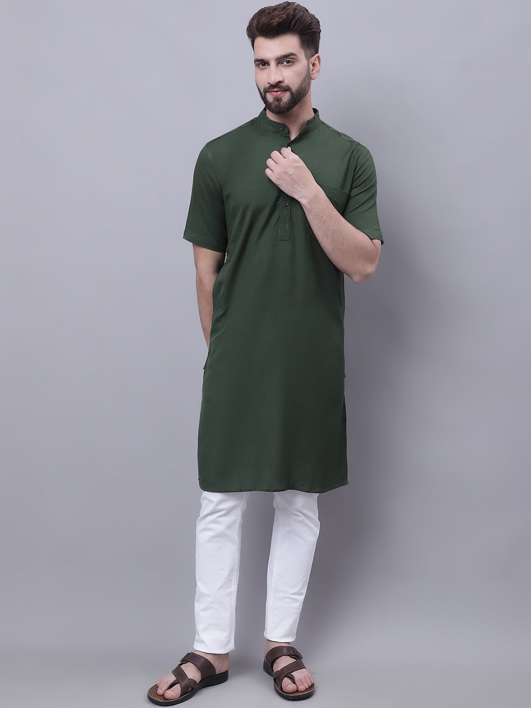 Men's Pure Cotton Short Sleeves Kurta With Band Collar - Even Apparels