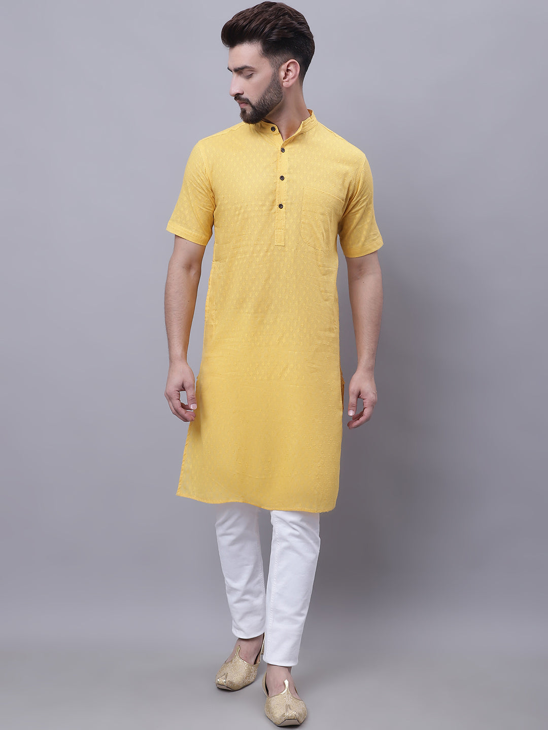 Men's Pure Cotton Short Sleeves Kurta With Band Collar - Even Apparels