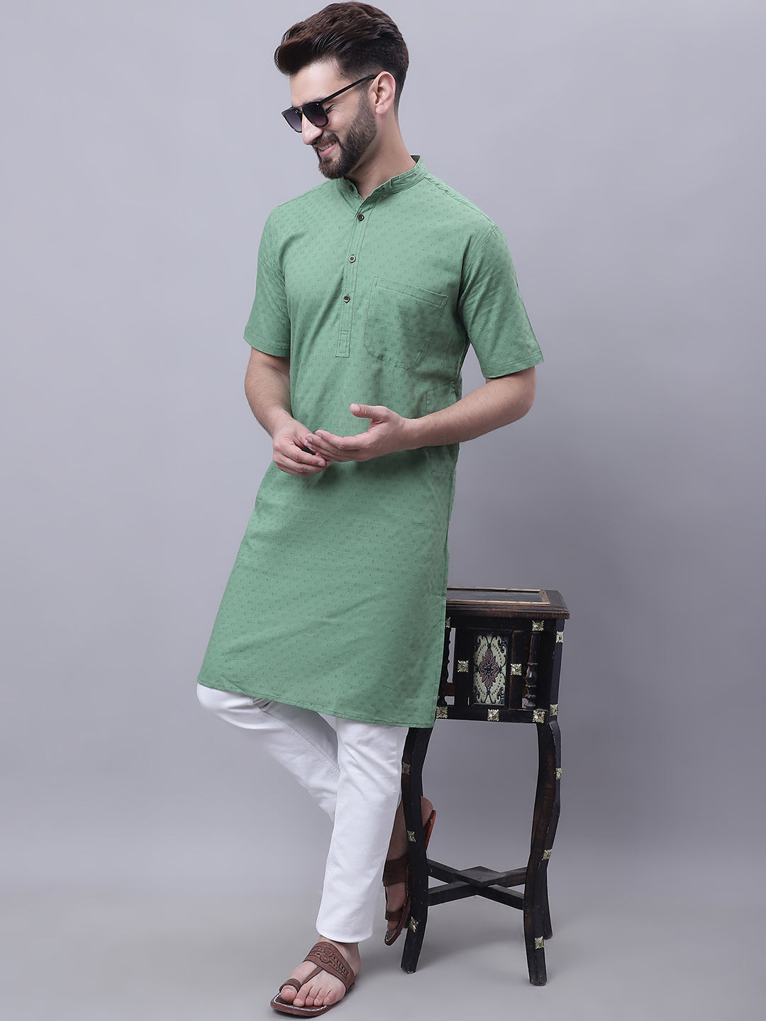 Men's Pure Cotton Short Sleeves Kurta With Band Collar - Even Apparels