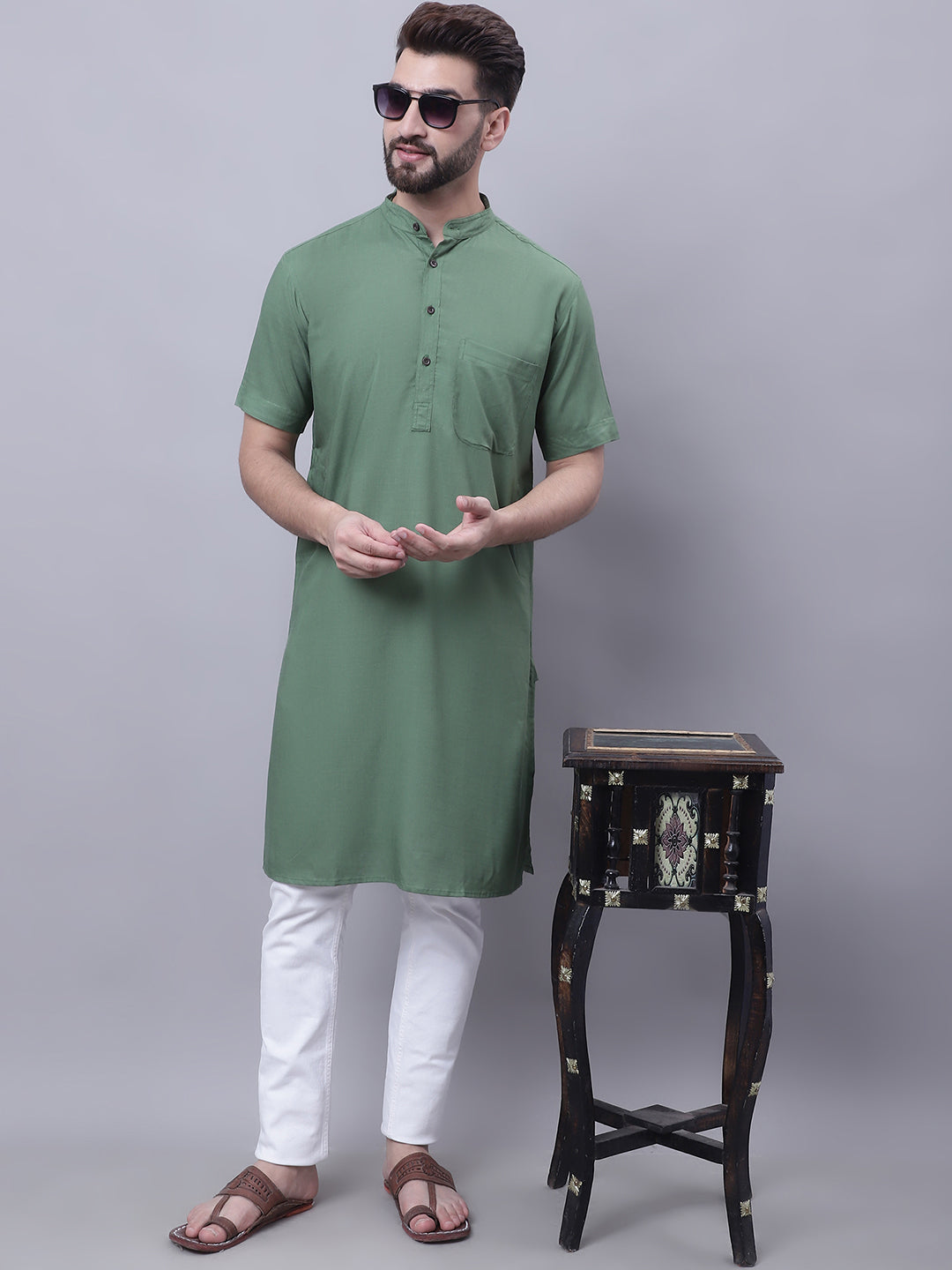 Men's Pure Cotton Short Sleeves Kurta With Band Collar - Even Apparels