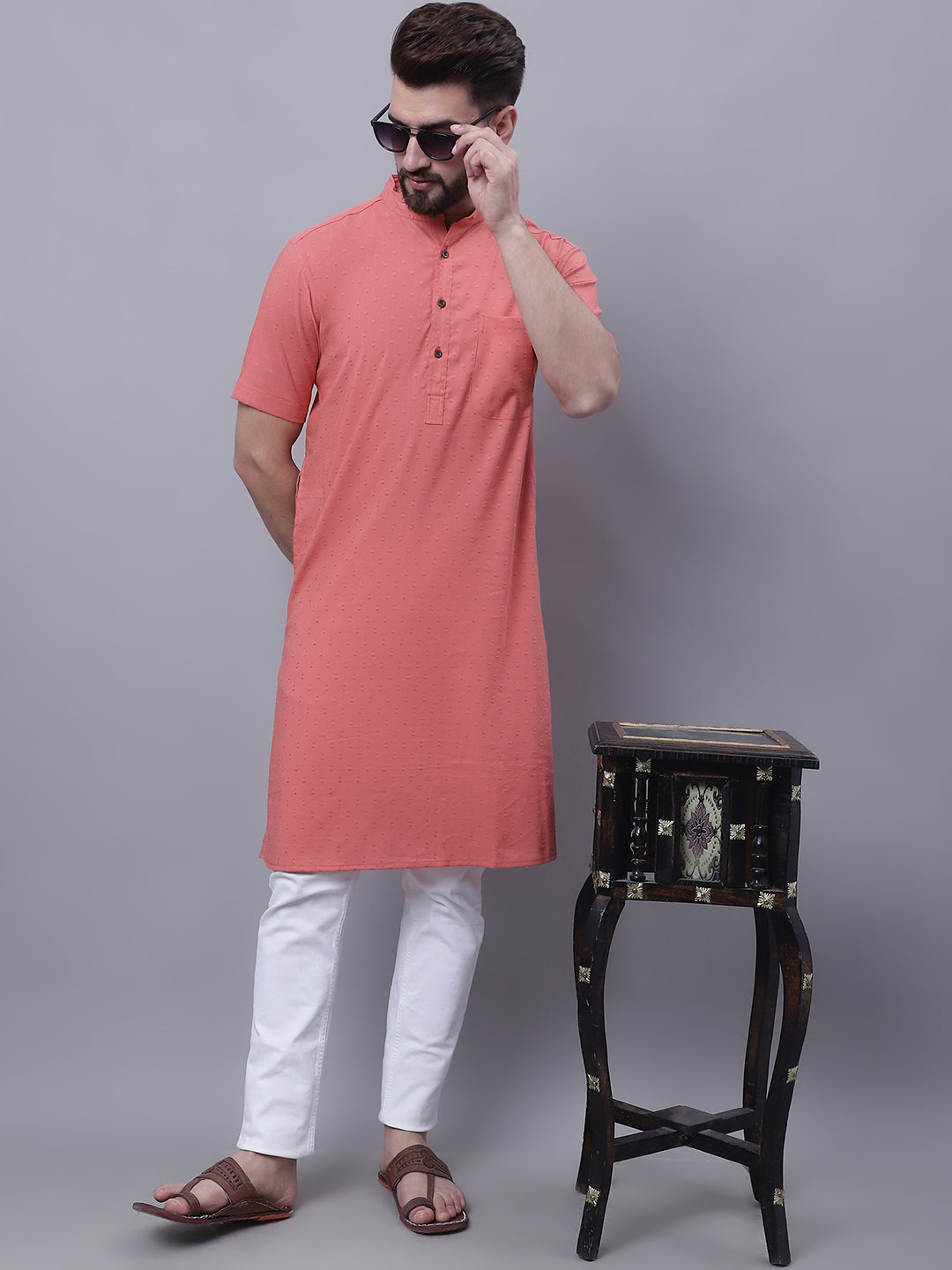 Men's Pure Cotton Short Sleeves Kurta With Band Collar - Even Apparels