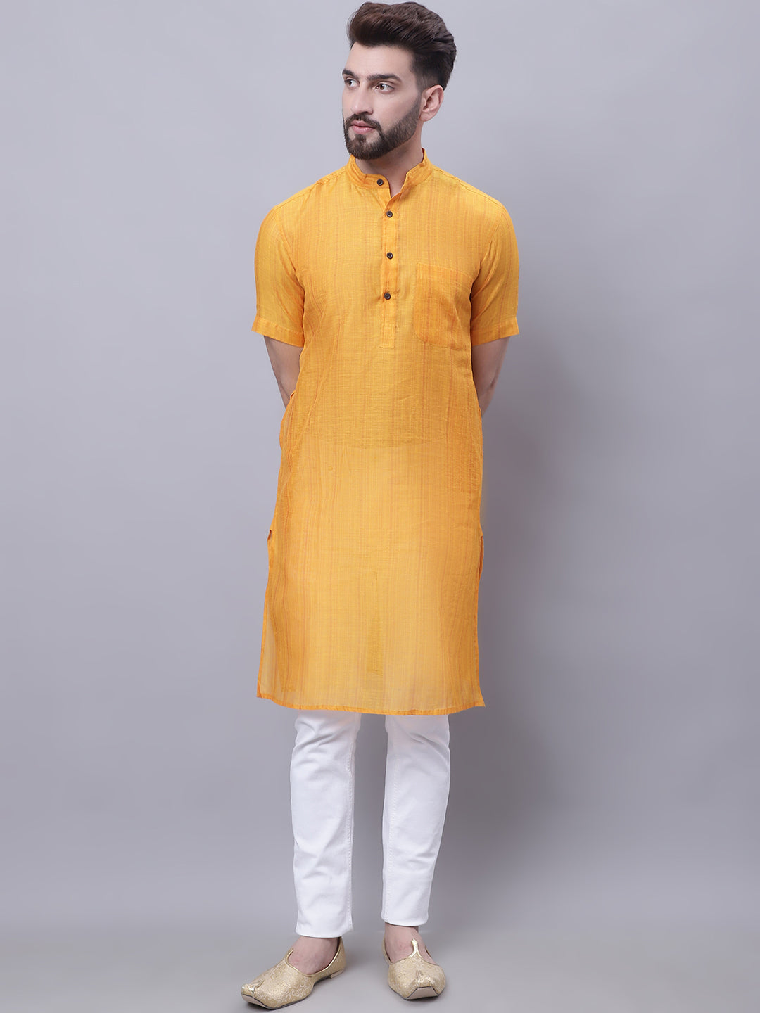 Men's Pure Cotton Short Sleeves Kurta With Band Collar - Even Apparels