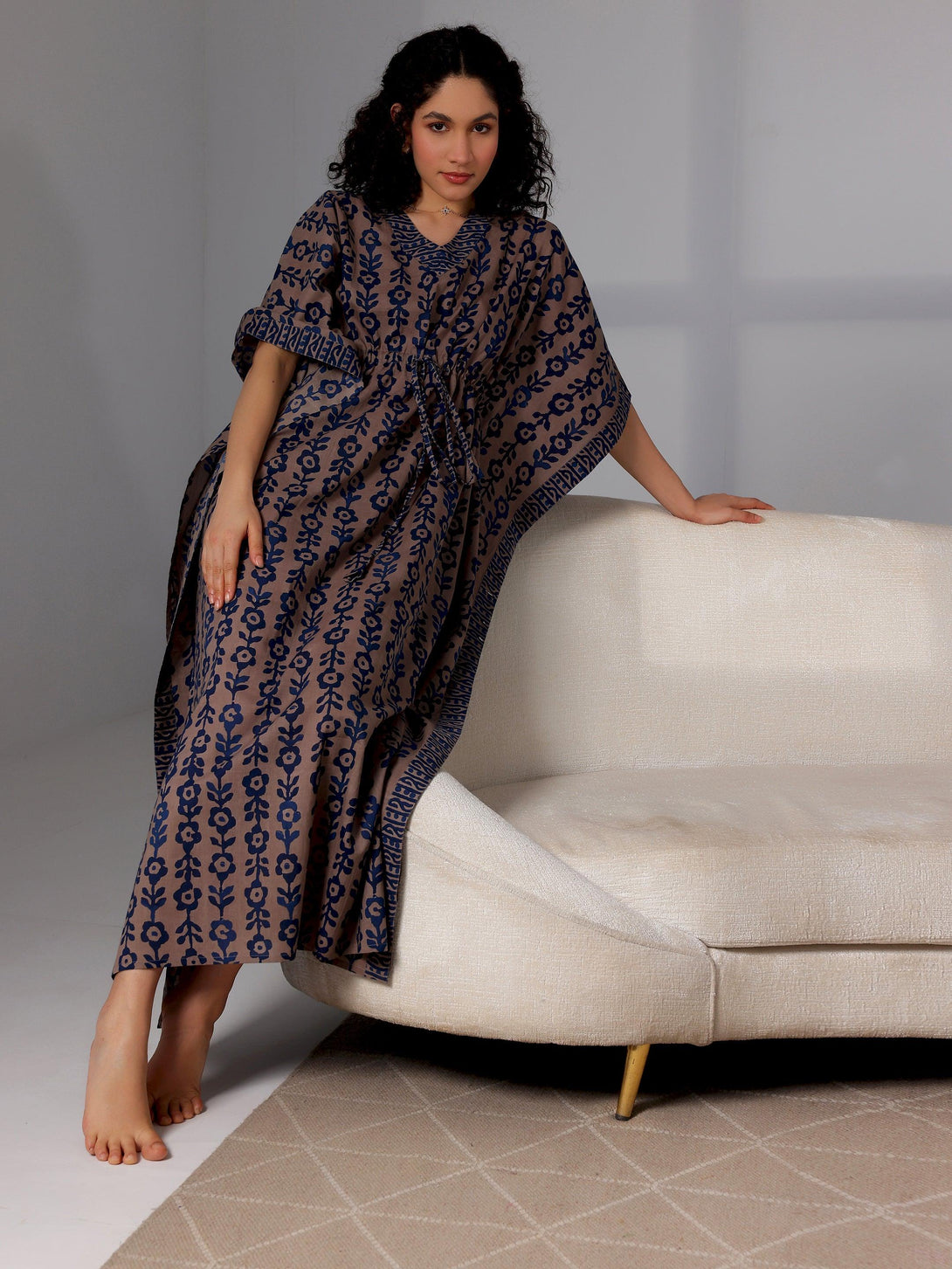 Blue Printed Cotton Kaftan Night Dress - Jashvi