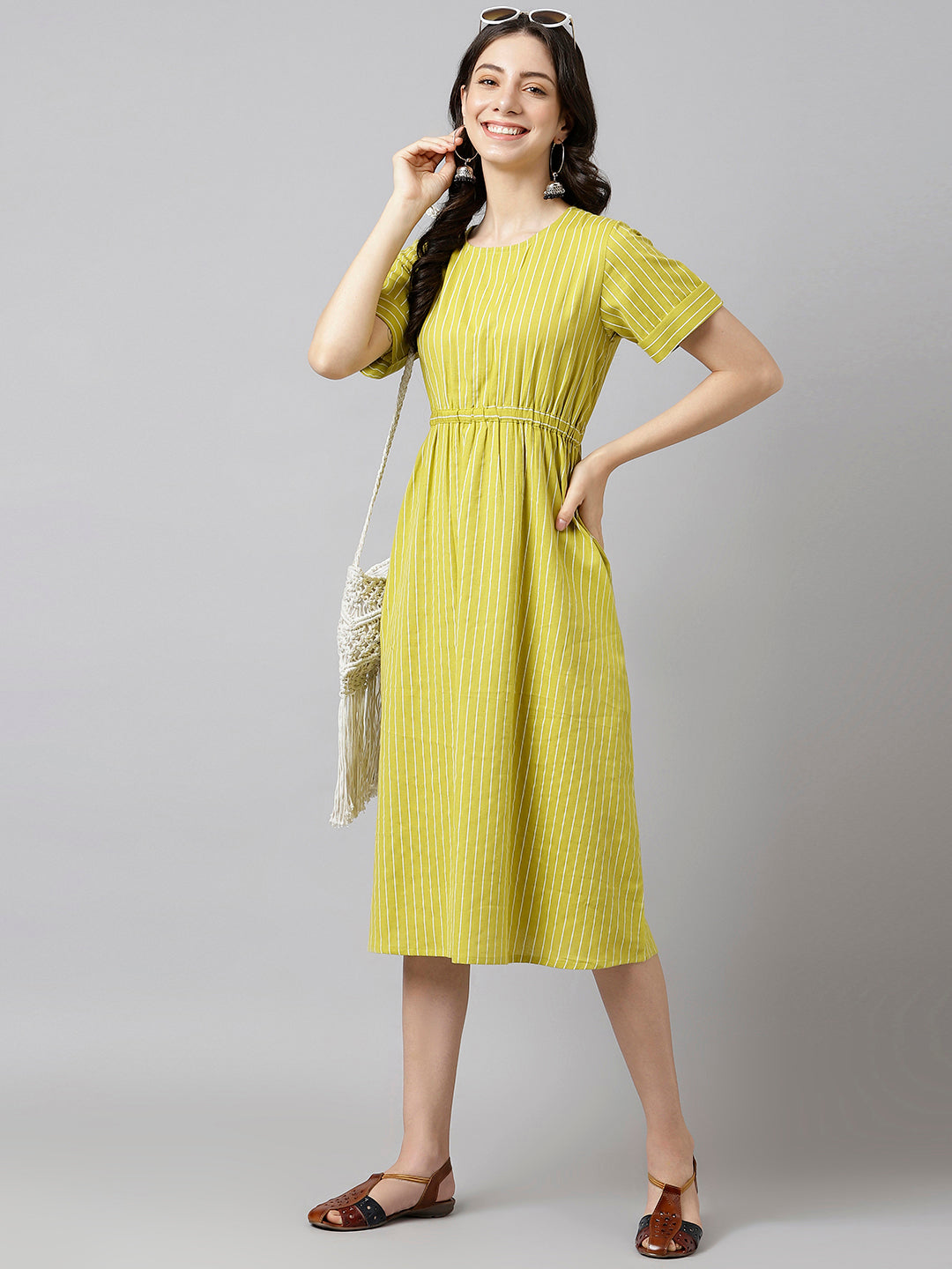 Women's Lime Green Striped A-Line Midi Dress With Pockets - Deckedup