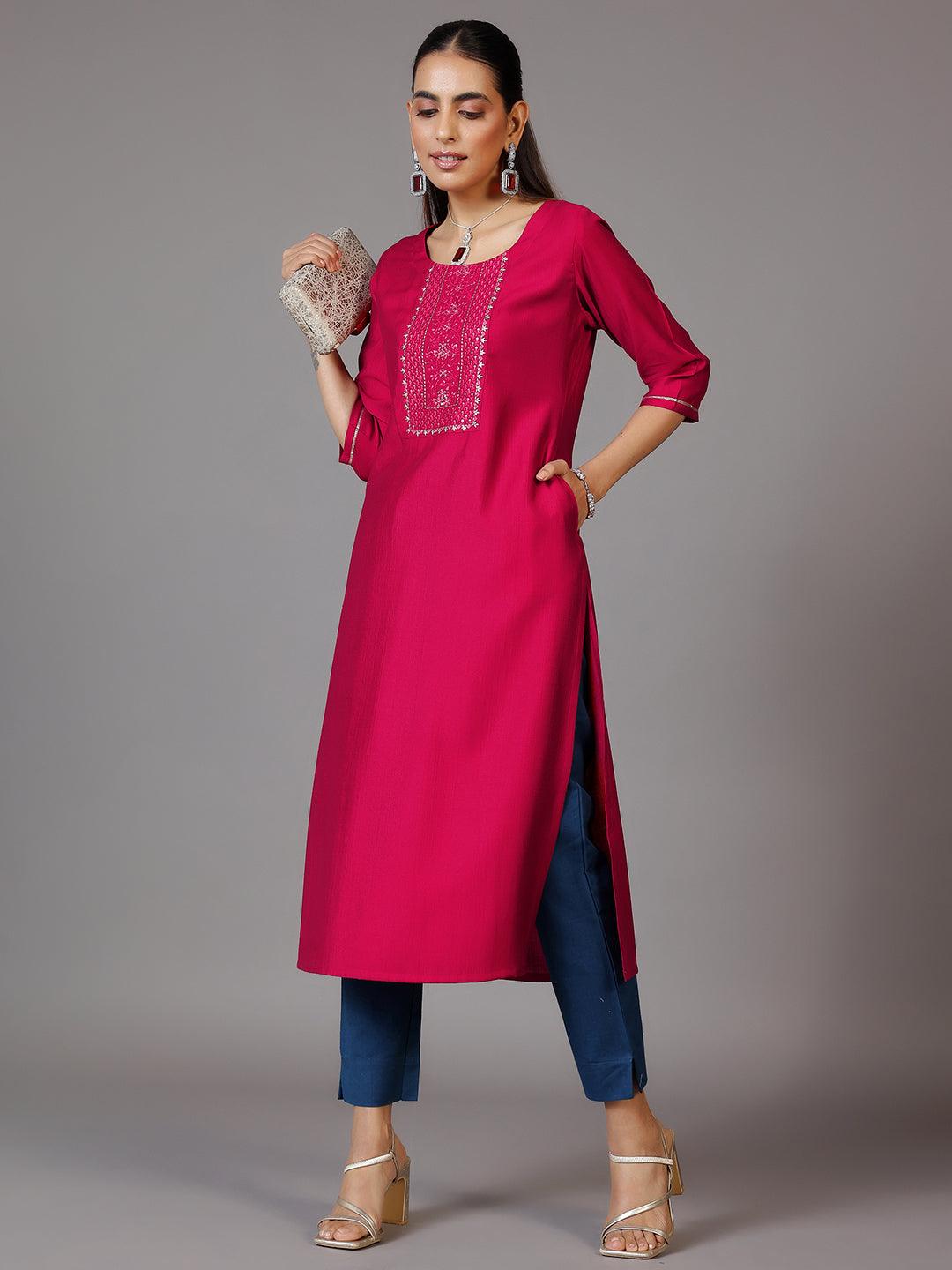 Pink Yoke Design Silk Straight Kurta - Jashvi