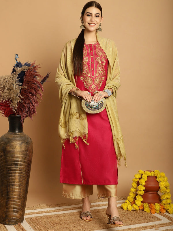 Women's Fuchsia Chanderi Palazzo Dupatta Set - Taantav