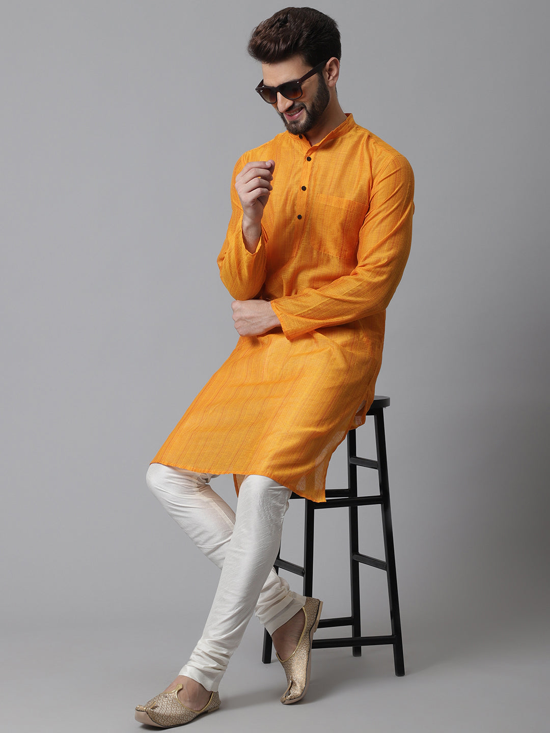 Men's Yellow Check Kurta With Band Collar - Even Apparels