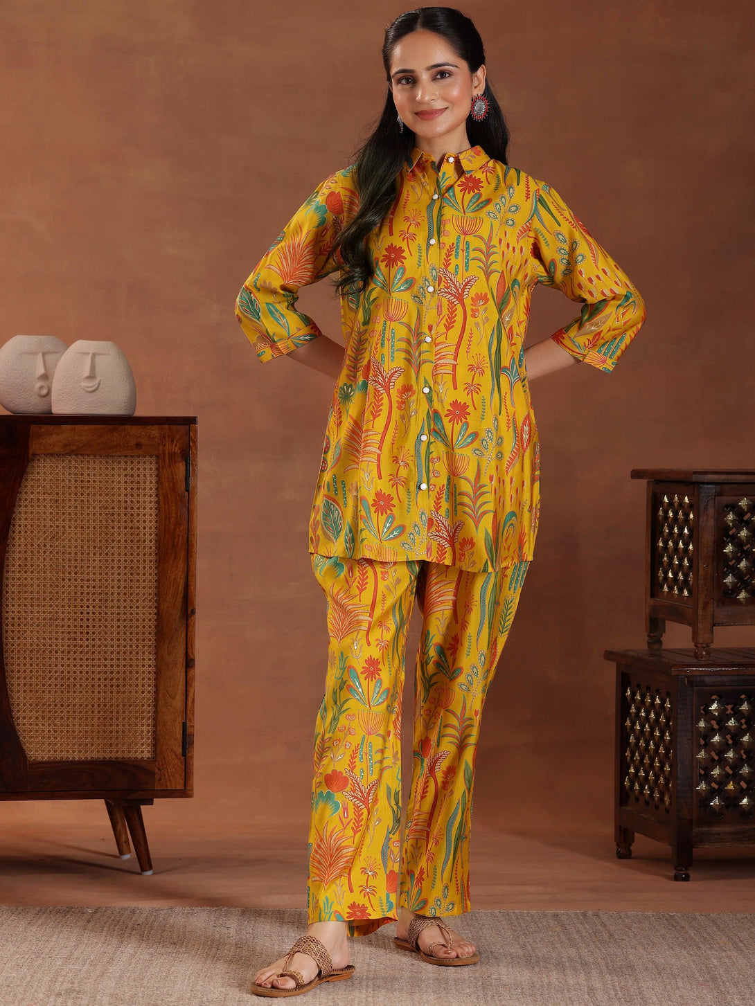 Yellow Printed Silk Blend Co-Ords - Jashvi