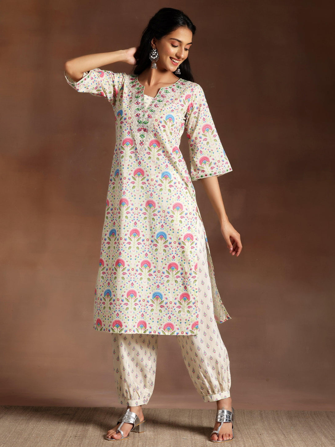 Off White Printed Cotton Straight Kurta Set - Jashvi