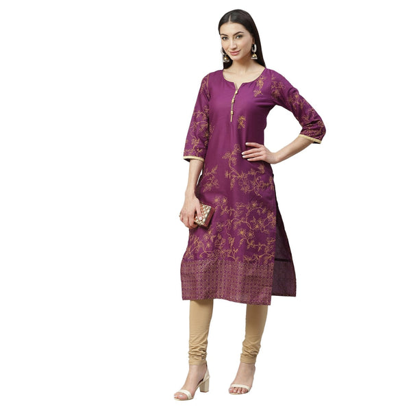 Women's Purple Cotton Printed 3/4 Sleeve Round Neck Casual Kurta Only - Myshka