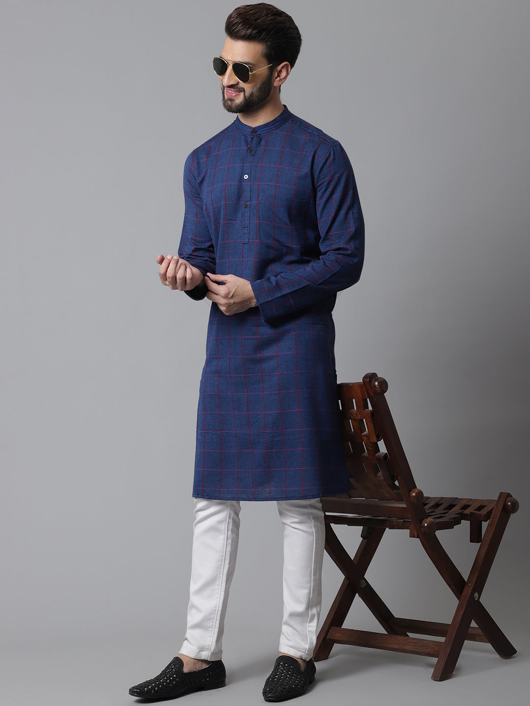 Men's Blue Long Kurta With Band Collar - Even Apparels