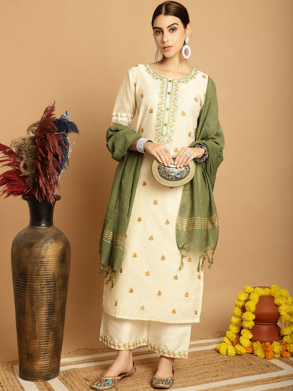 Women's Cream Chanderi Palazzo Dupatta Set - Taantav