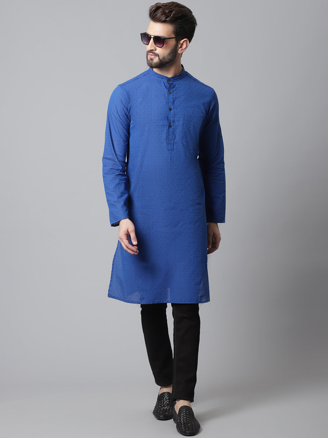 Men's Blue Solid Kurta With Band Collar - Even Apparels