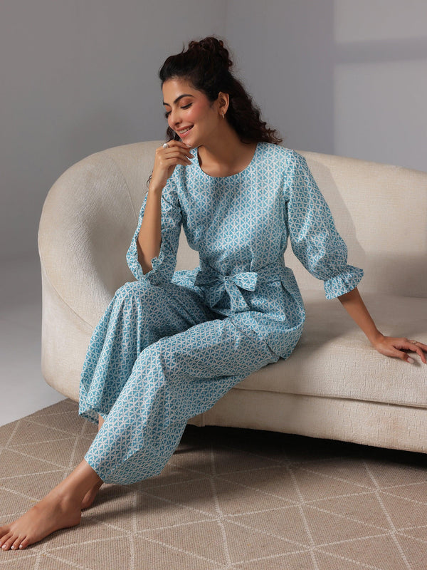 Blue Printed Cotton Night Suits - Jashvi