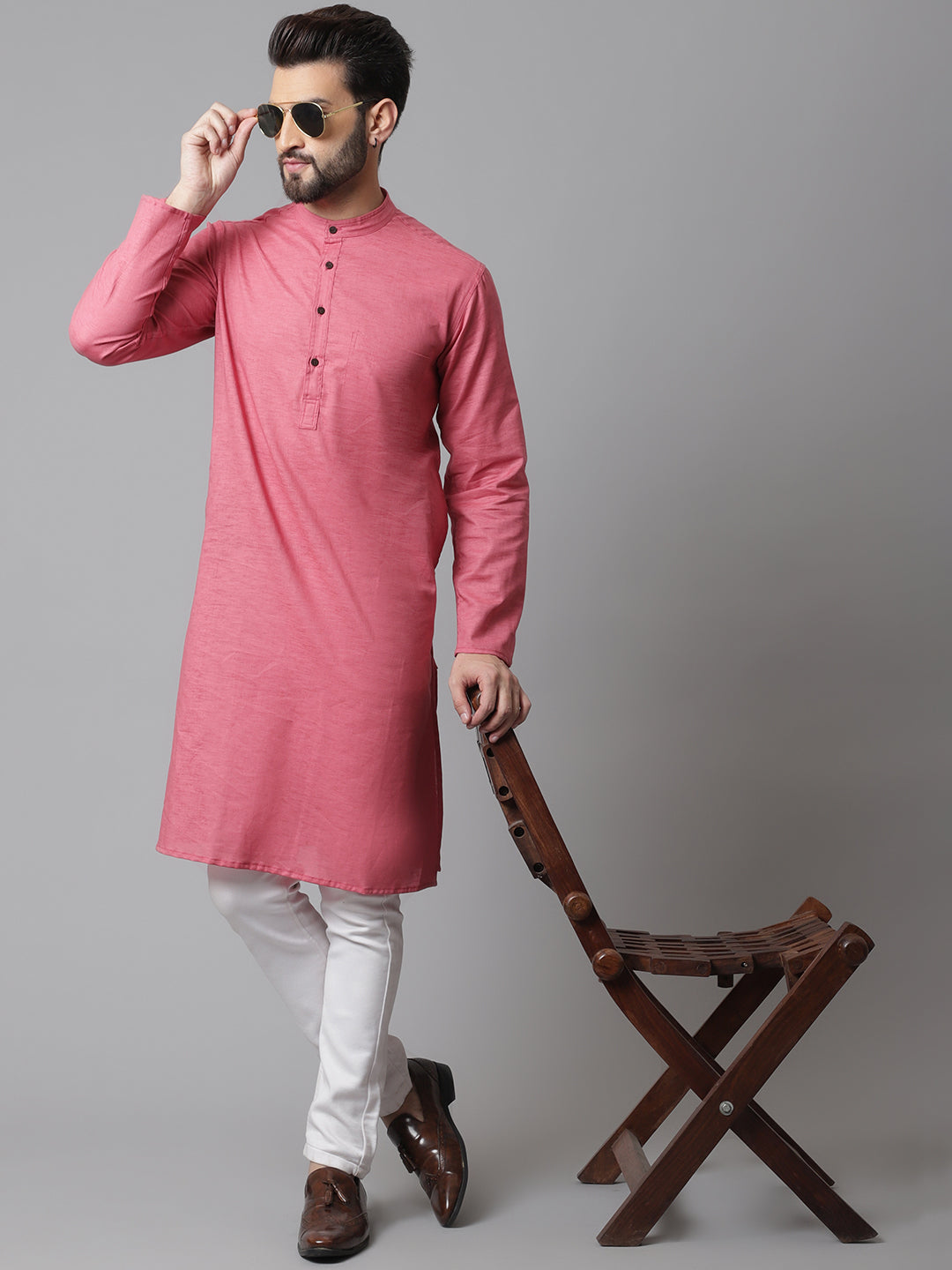 Men's Rust Pure Cotton Kurta With Band Collar - Even Apparels