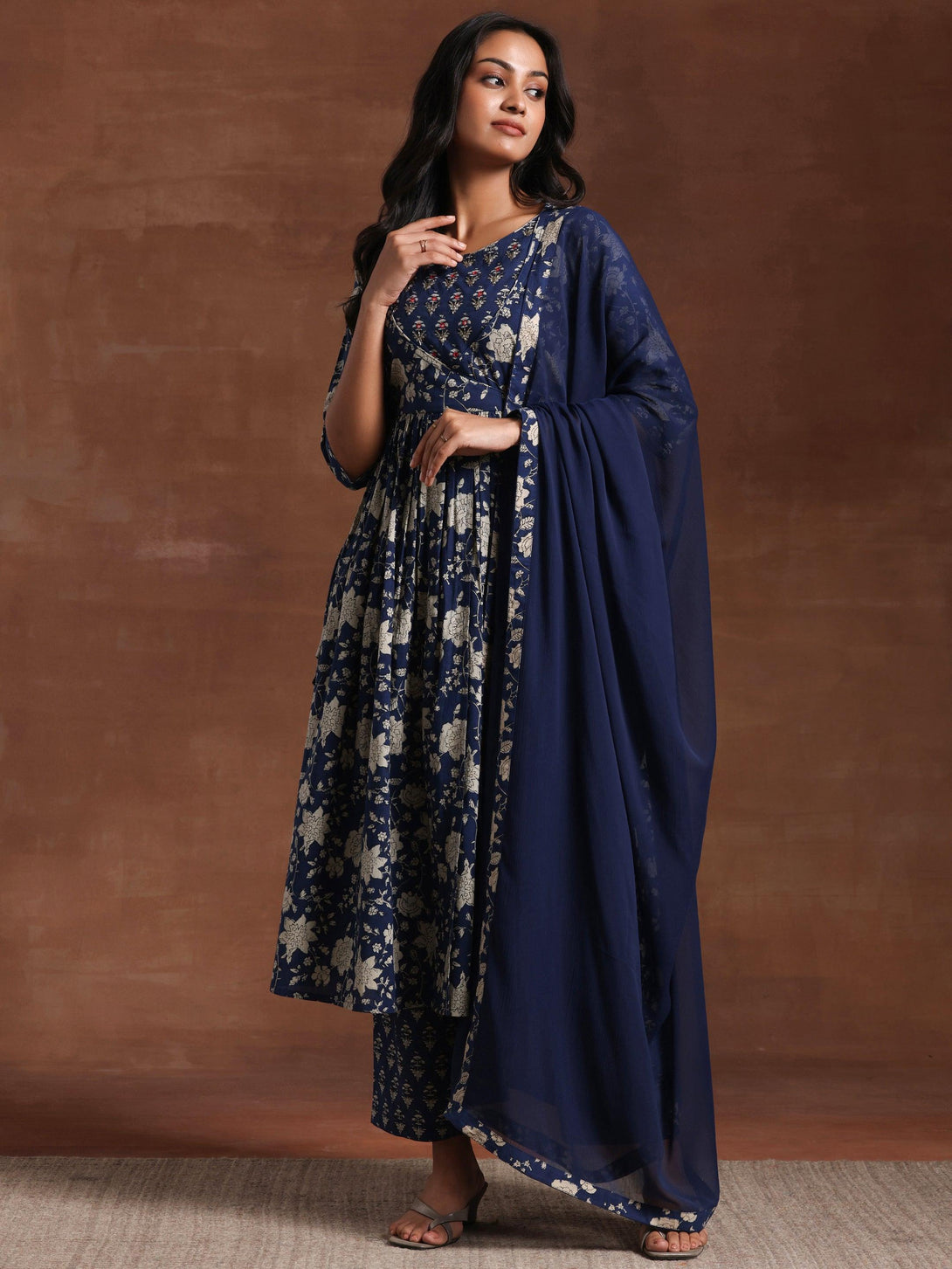 Blue Printed Pure Cotton Anarkali Suit With Dupatta - Jashvi