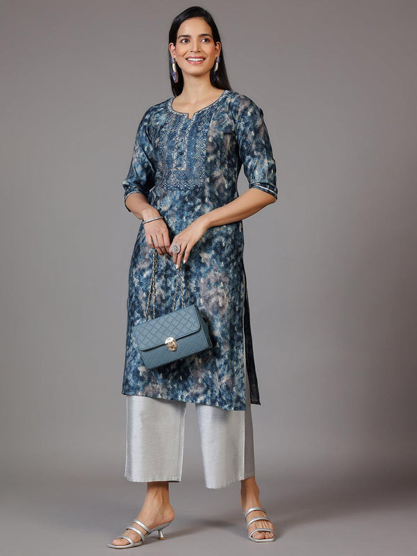 Navy Blue Yoke Design Silk Straight Kurta