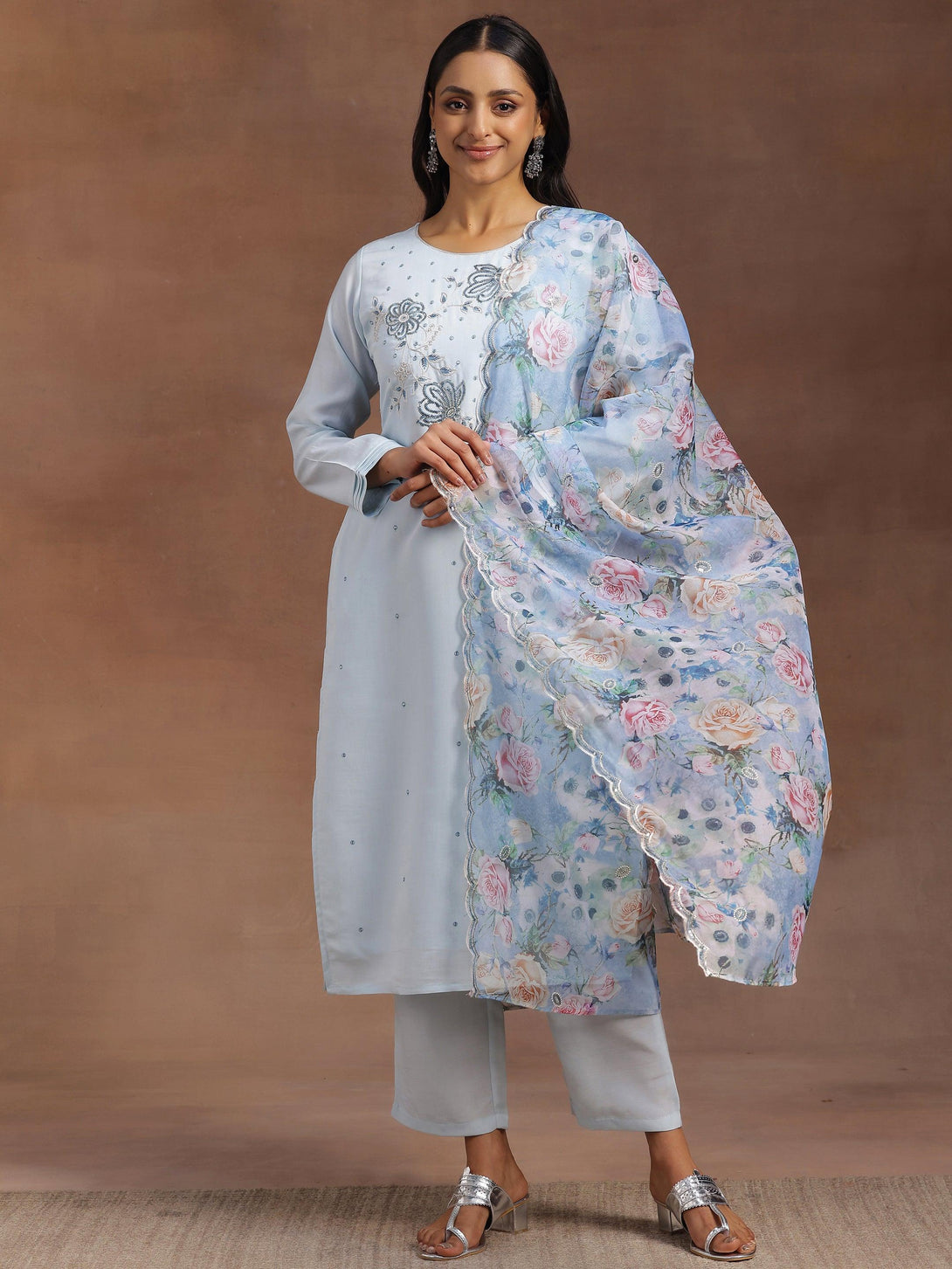 Blue Embroidered Silk Blend Straight Suit With Dupatta - Jashvi