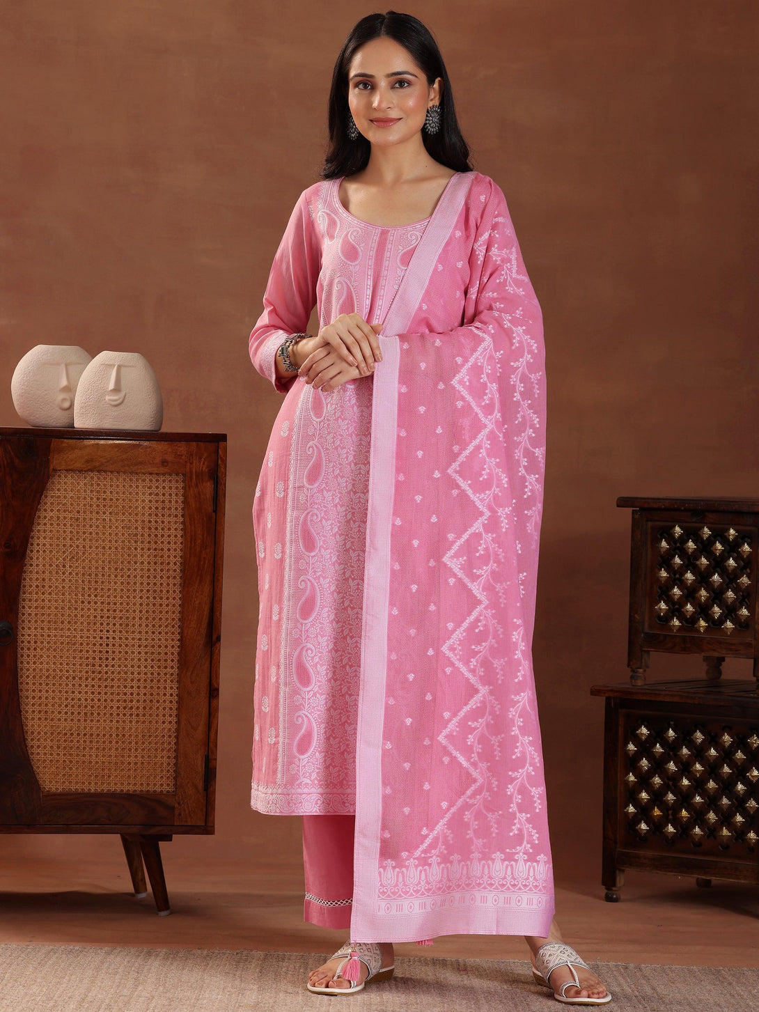 Pink Woven Design Cotton Straight Suit With Dupatta - Jashvi