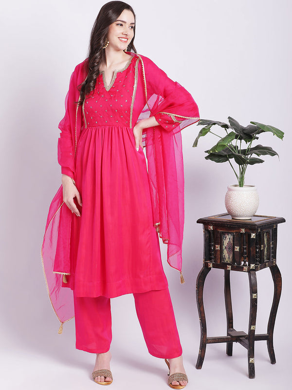 Women's Pink Punch A-Line Kurti With Straight Palazzo And Organza Dupatta - Anokherang