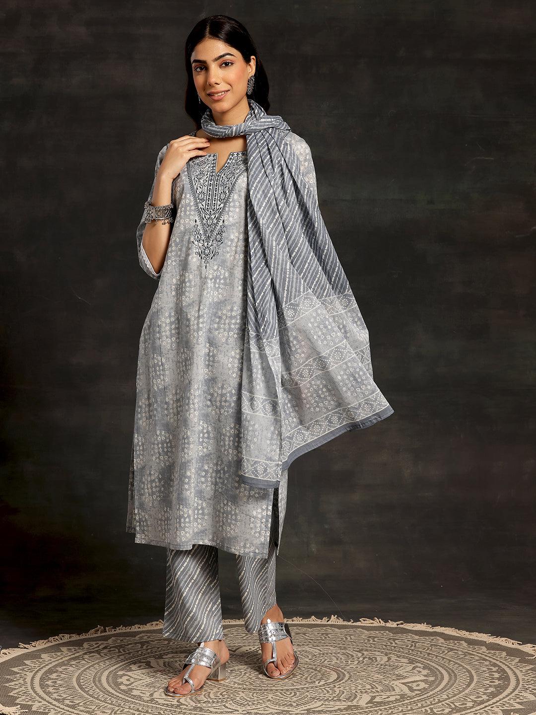 Grey Printed Cotton Straight Suit With Dupatta - Jashvi