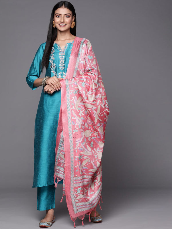 Women Turquoise Blue & Pink Floral Embroidered Kurta with Trousers & Dupatta - Varanga