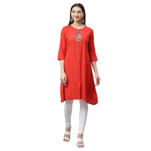 Women's Maroon Rayon Printed 3/4 Sleeve Round Neck Casual Kurta Only - Myshka