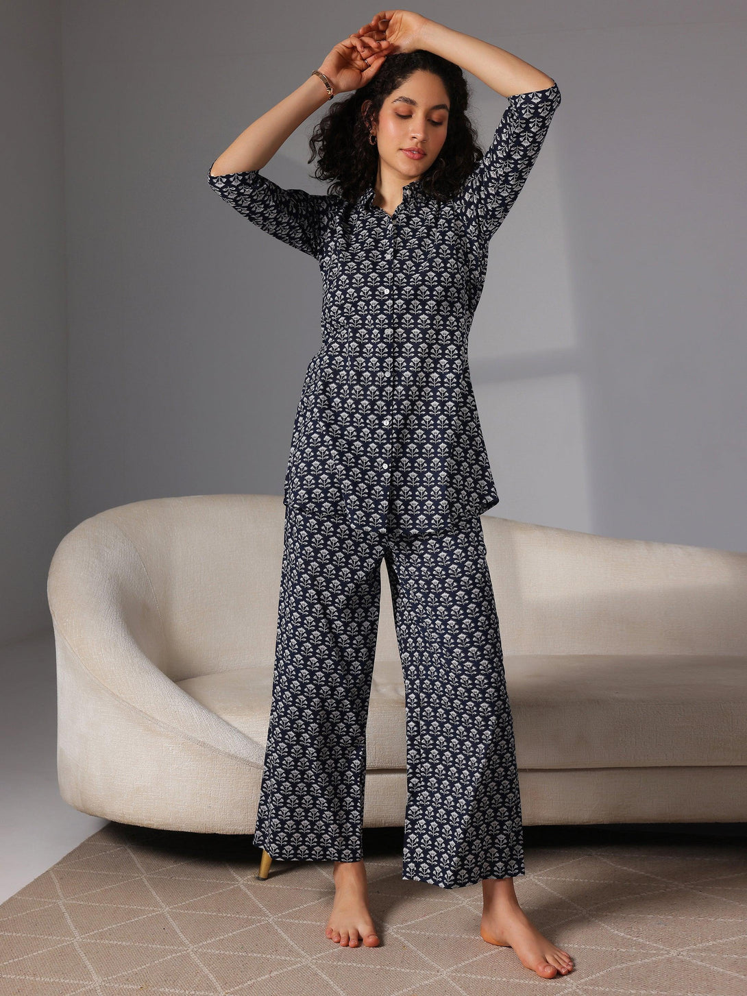 Navy Blue Printed Cotton Night Suits - Jashvi