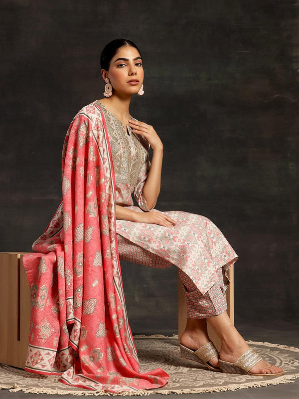 Beige Printed Silk Blend Straight Suit With Dupatta