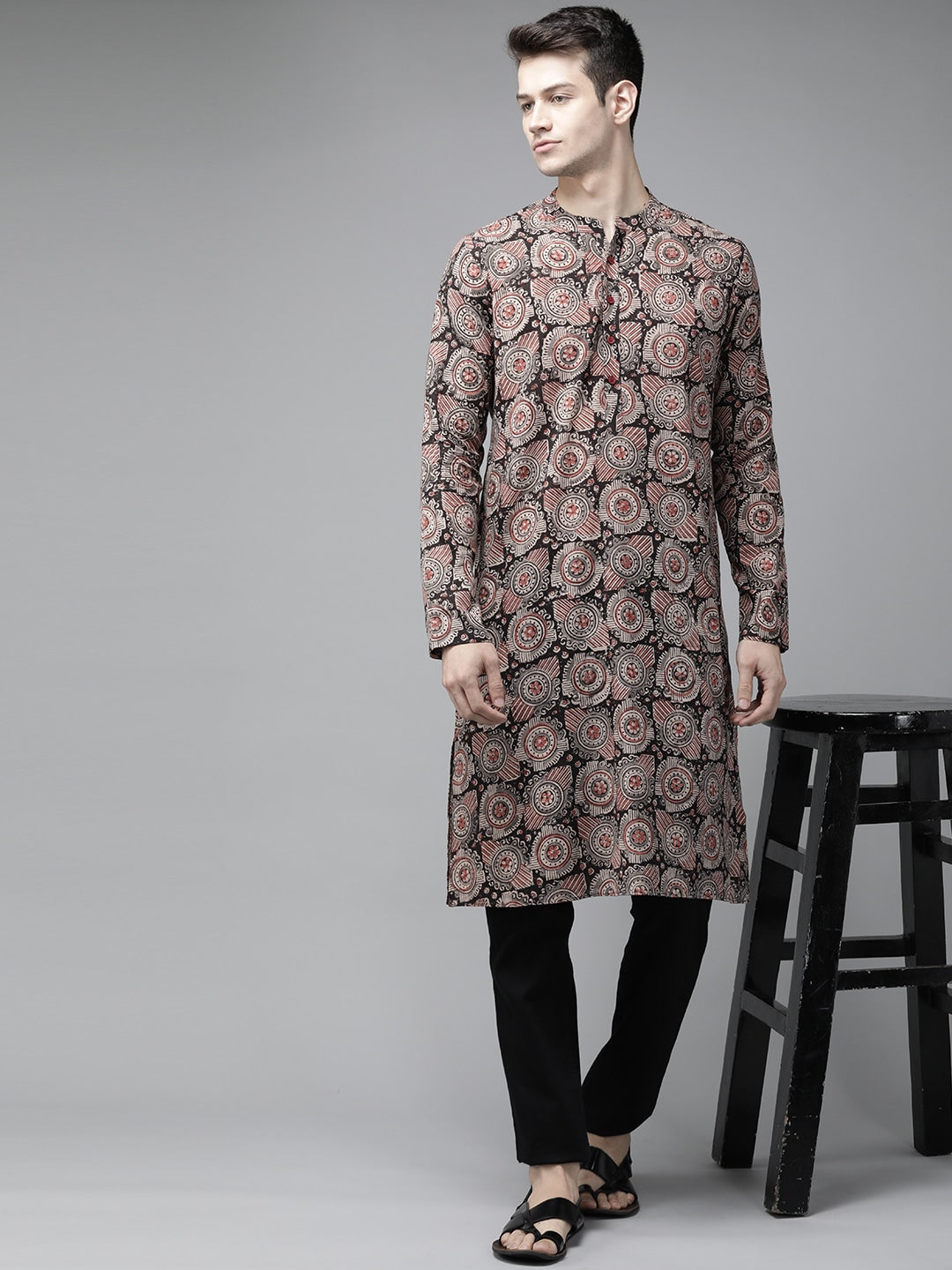 Men's Beige  And Black Kalamkari Block Printed Straight Sustainable Kurta - See Designs