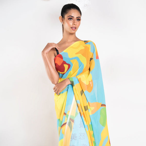 Women's Charlene Georgette Digital Printed  Saree In Blue Color - Boveee