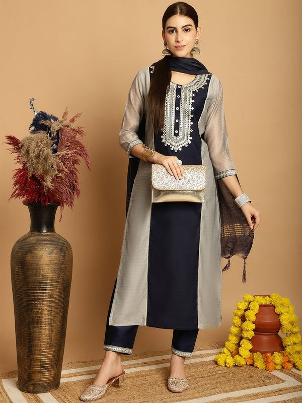 Women's Grey Chanderi Trouser Dupatta Set - Taantav