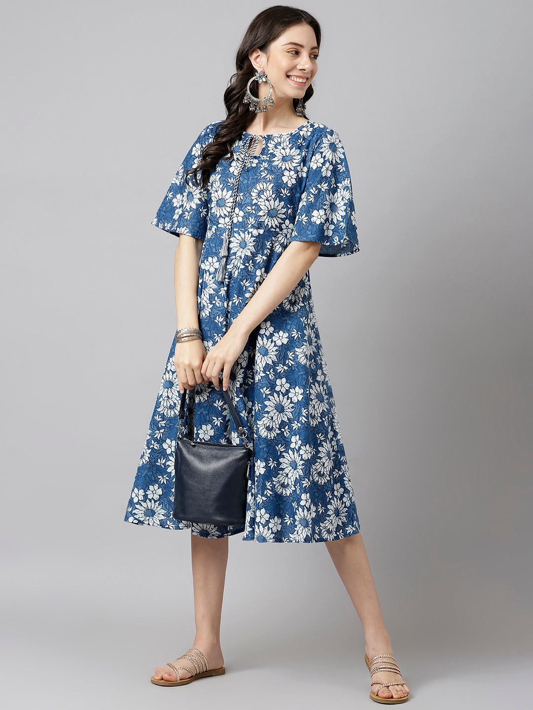 Women's Blue Cotton Flared Dress With Tie-Up - Deckedup