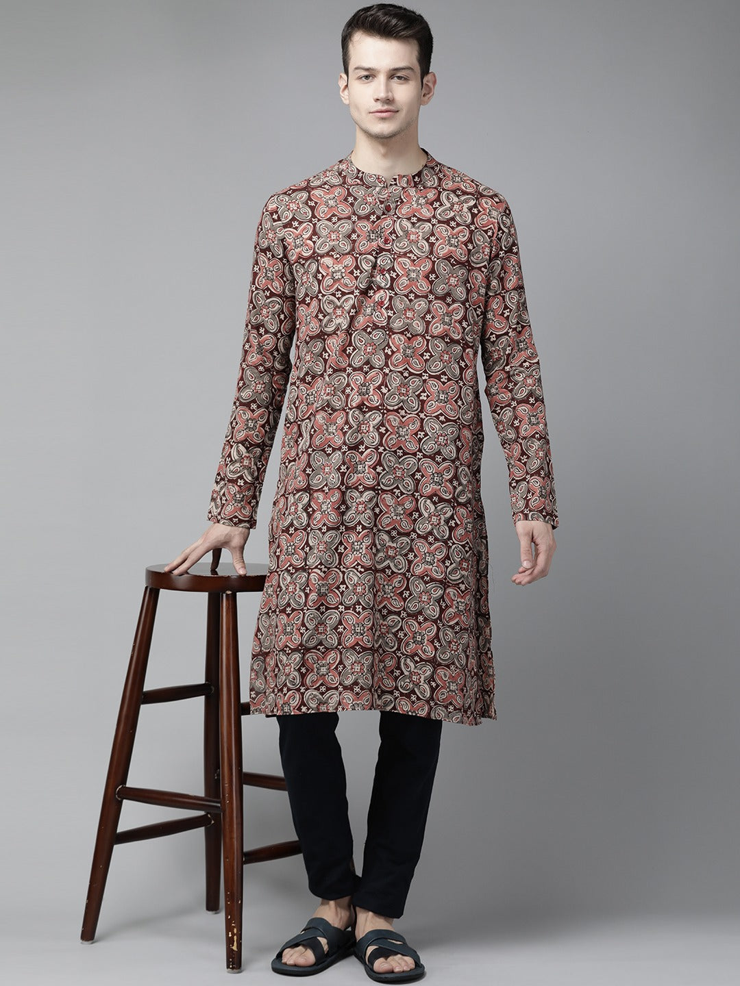 Men's Maroon  And Beige Kalamkari Block Printed Straight Sustainable Kurta - See Designs