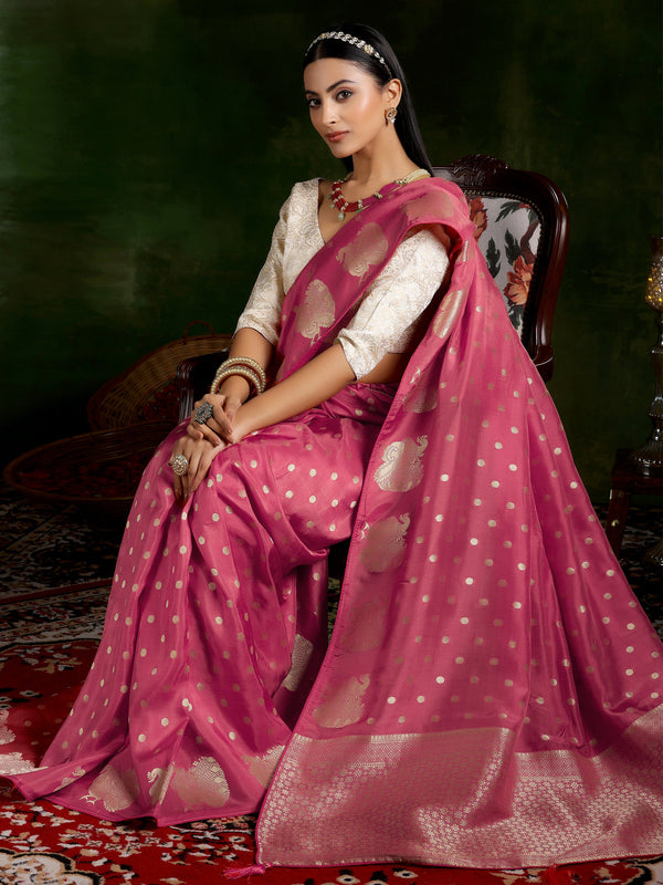 Pink Woven Design Silk Blend Saree With Unstitched Blouse Piece