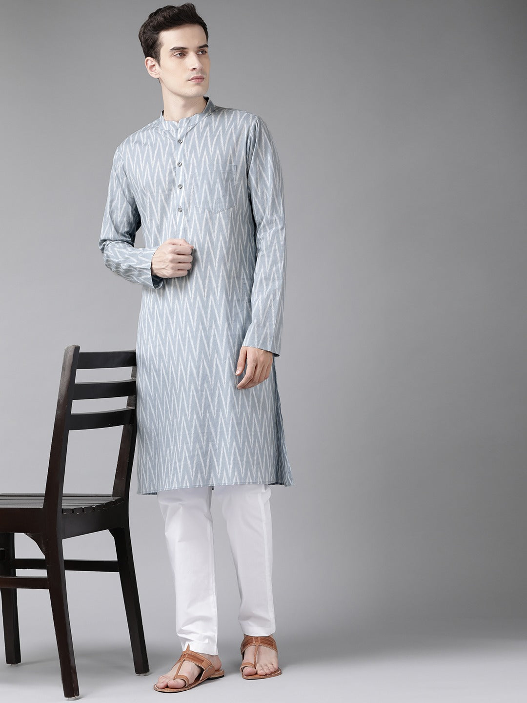 Men's Grey And White  Printed Straight Kurta - See Designs