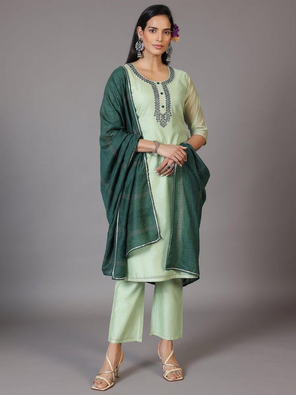 Green Yoke Design Chanderi Silk Straight Kurta With Trousers & Dupatta