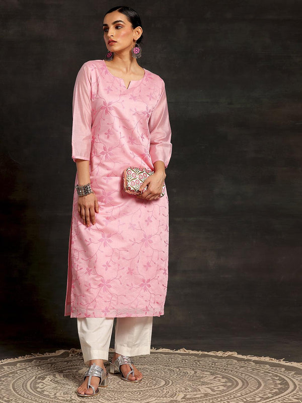 Pink Embroidered Silk Straight Kurta - Jashvi