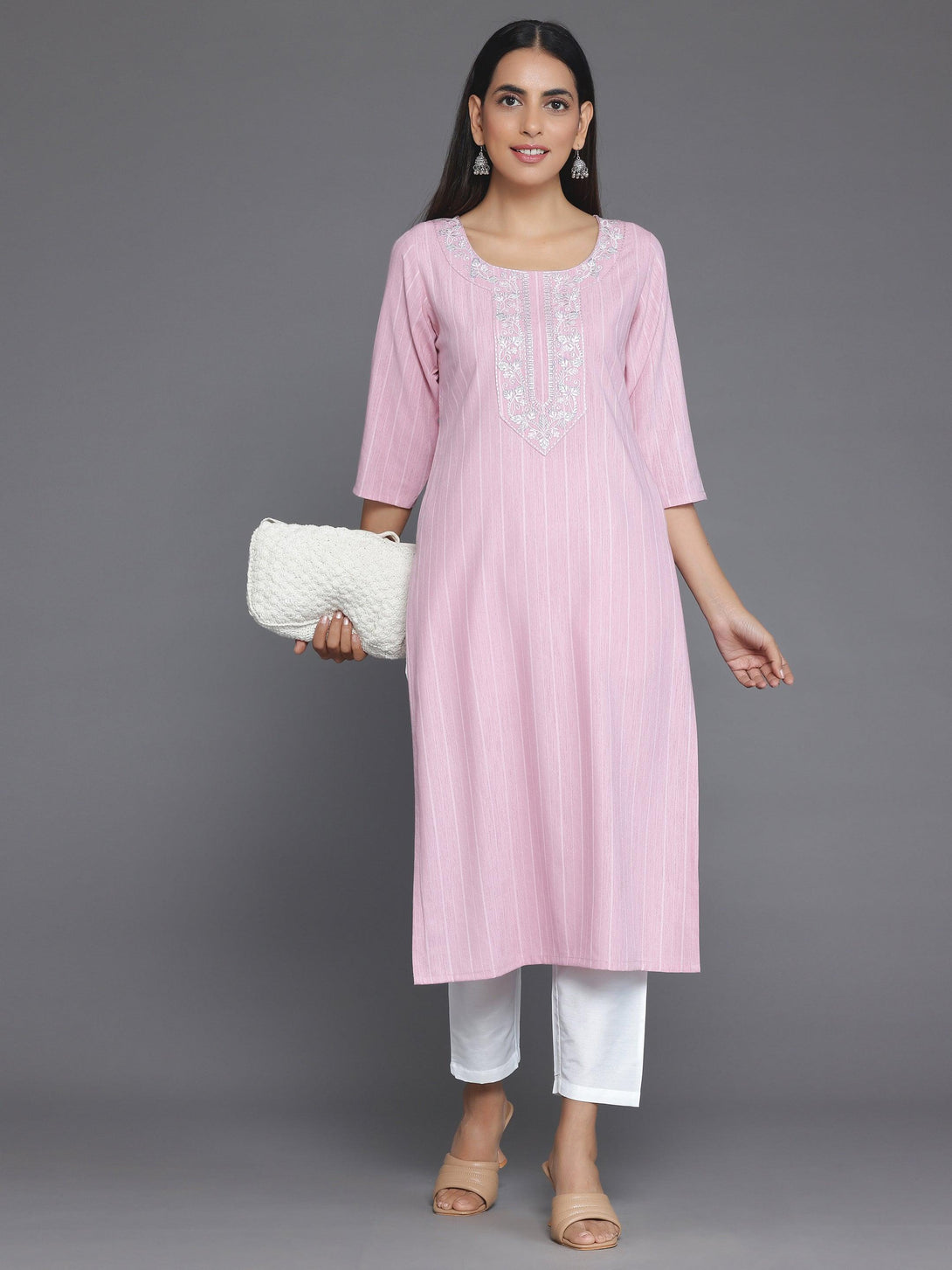 Pink Woven Design Rayon Straight Kurta - Jashvi