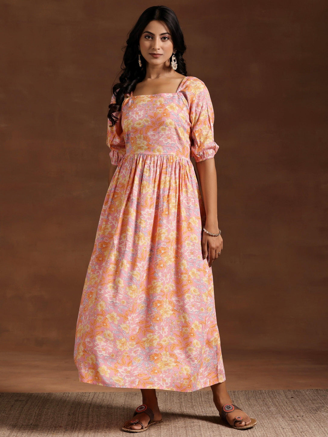 Peach Printed Rayon Fit and Flare Dress - Jashvi